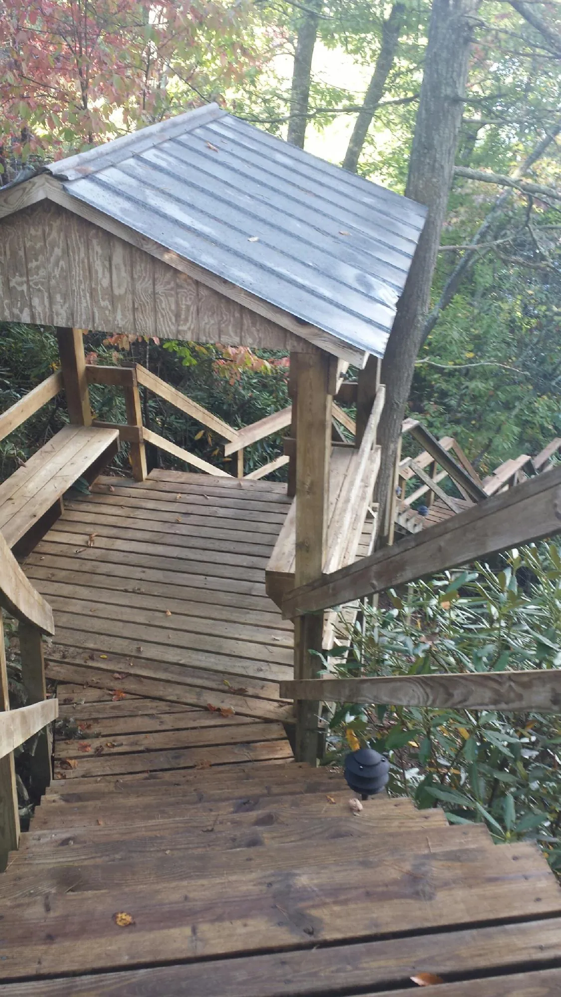 Metal roofed shelter over wooden steps on a wooded walkway — Skylight Repair & Installation work by our crew in Mathews